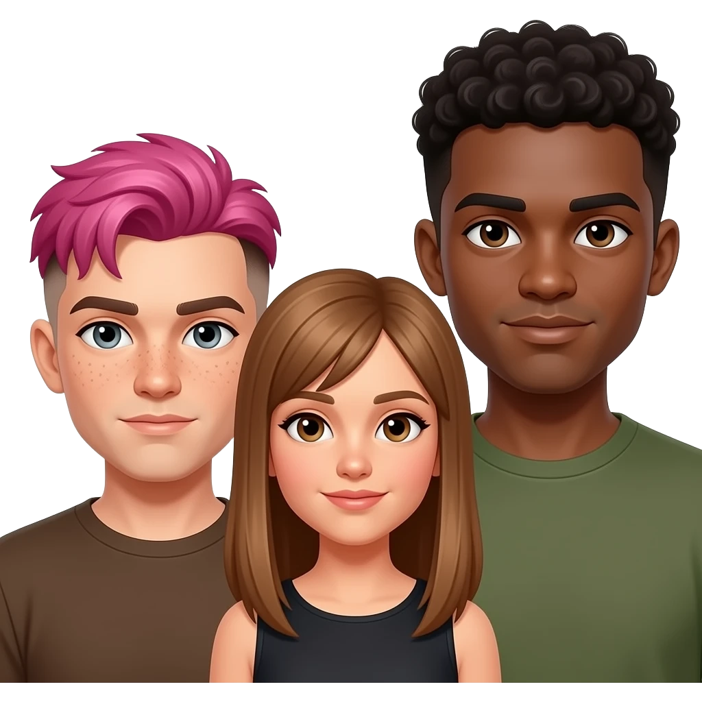 three people: short nonbinary person with short pink hair, brown eyebrows, and a brown undercut with pale skin, gray eyes and freckles, a tall olive-skinned man with dark brown eyes + very short curly hair, and a medium height woman with light tan skin, light brown straight long hair, and brown eyes emoji