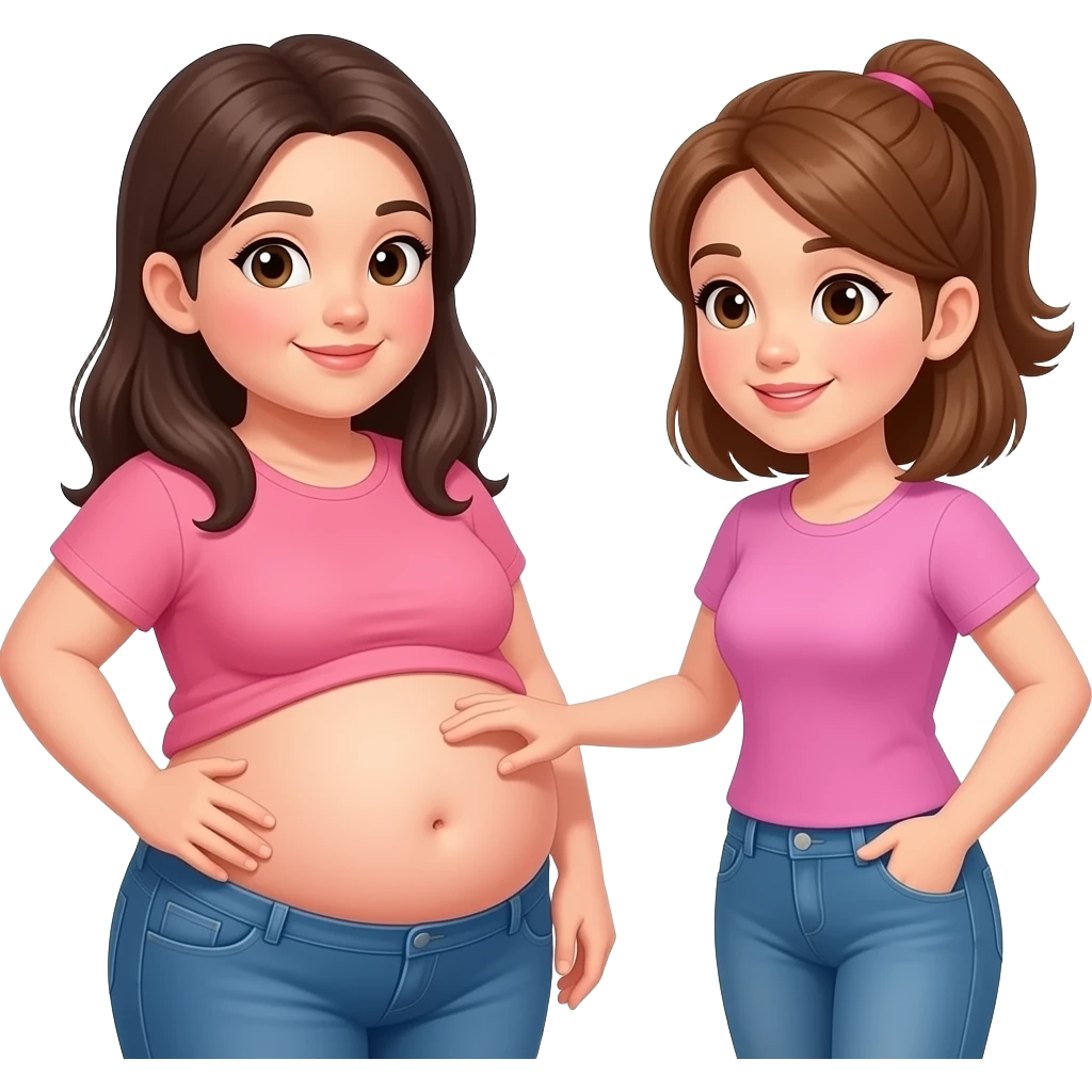 A meeting with two girls,After a great long lunch,one girl is full & fat,her bellybutton is peeking out,her big belly is getting noticed,so other girl was impressed and eagerly touching the one overfed girl’s bloated belly, emoji