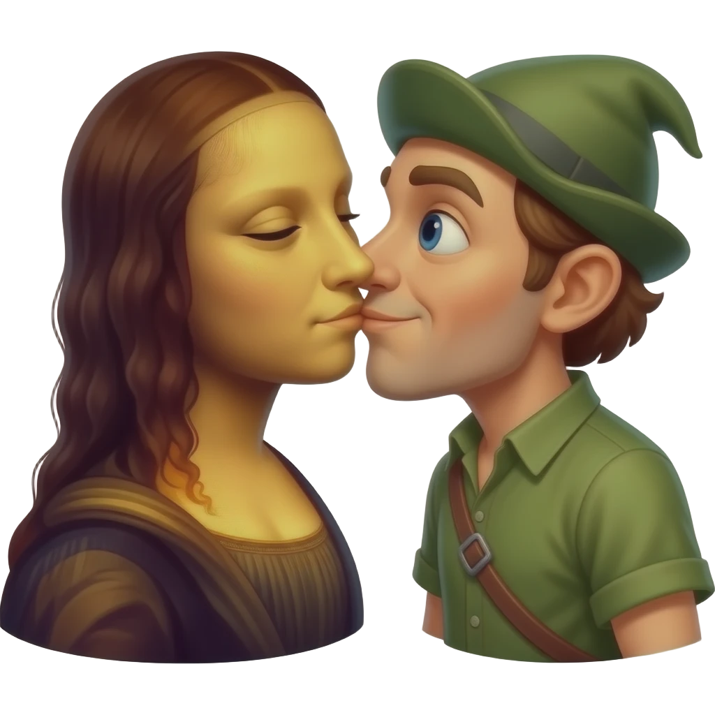cinematic realistic Mona Lisa kisses Quasimodo emoji