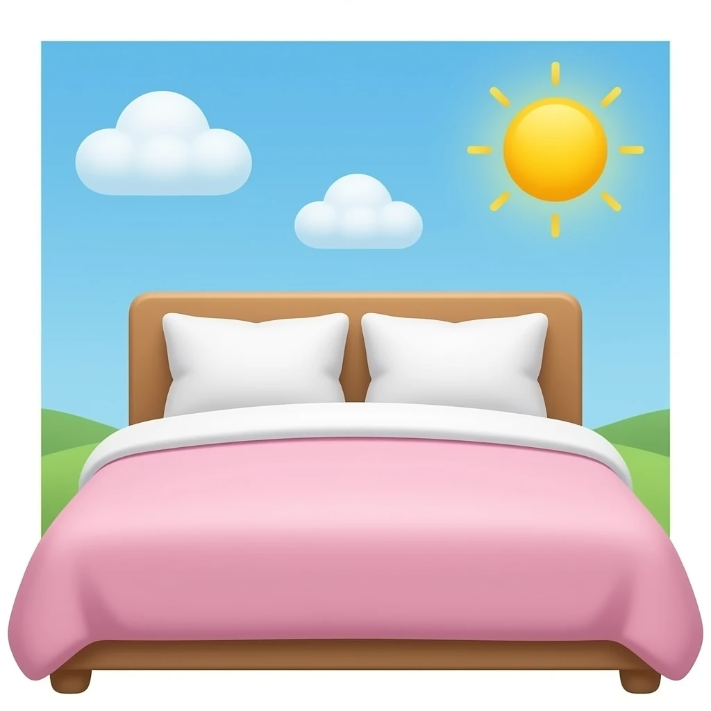 cozy bed front view and light pink, color and white pillows emoji