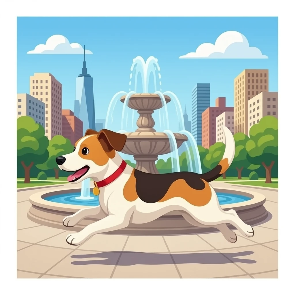 The dog runs around the city fountain. emoji