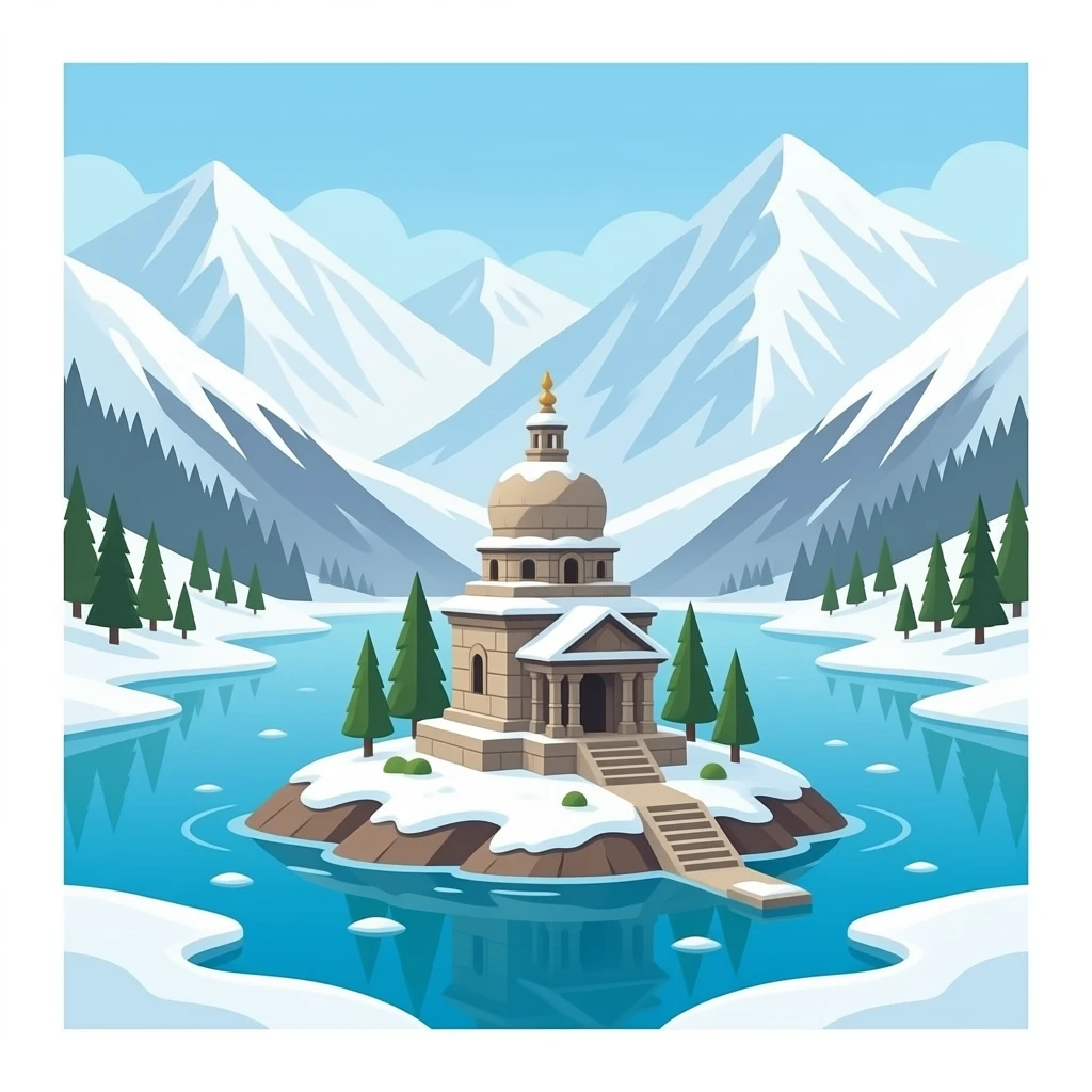 jammu and kashmir snowy mountains temple on island in lake emoji | AI ...