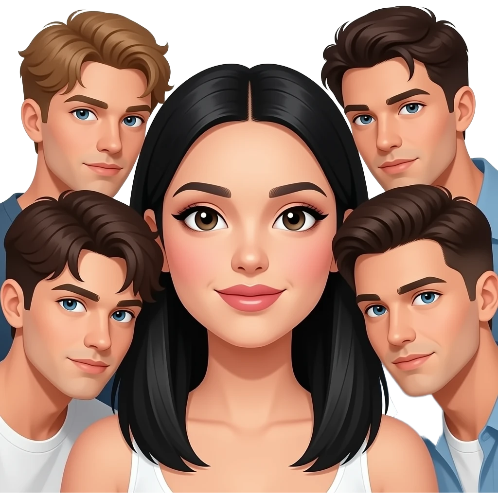 A very beautiful girl with black hair and wears make up and all the handsome boys surrounding her with love emoji