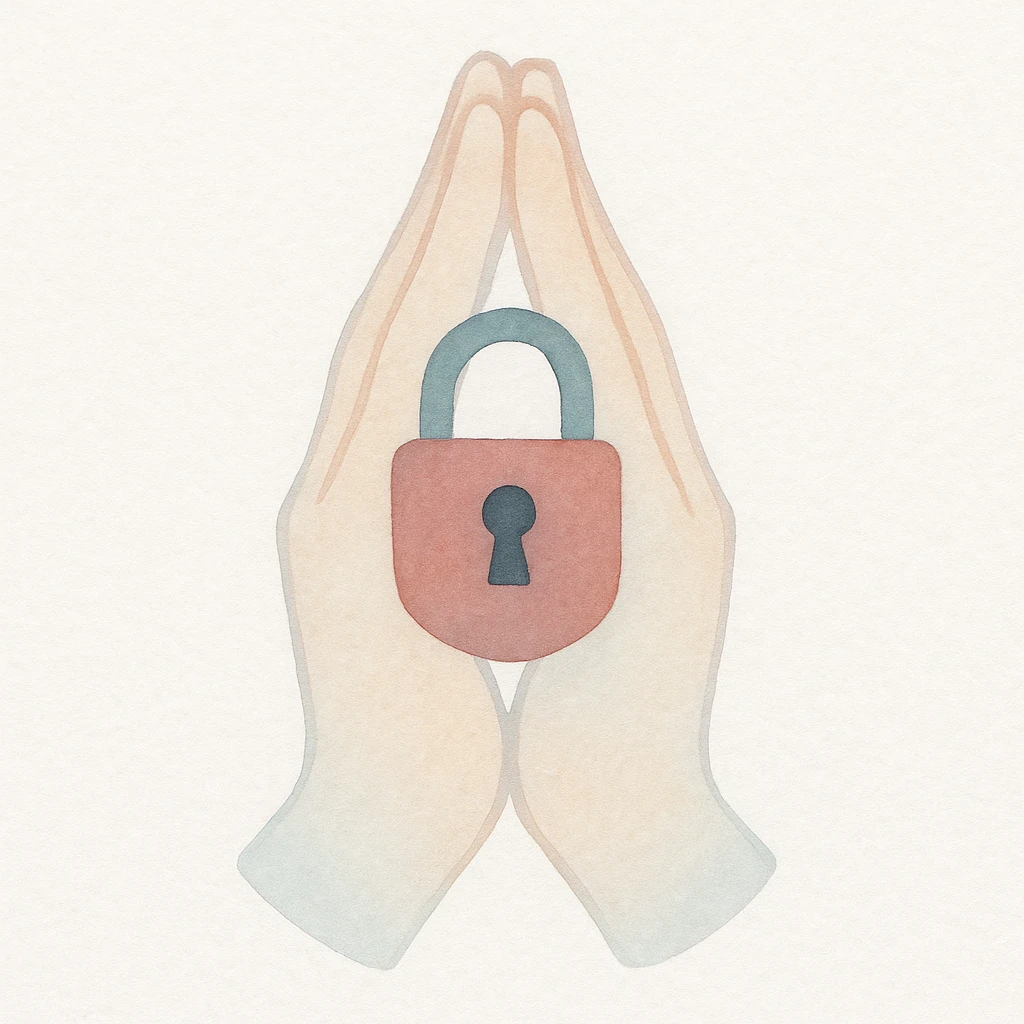locked prayer, hands in prayer position with a lock or padlock, clear symbolism, watercolor style, suitable for an emoji emoji