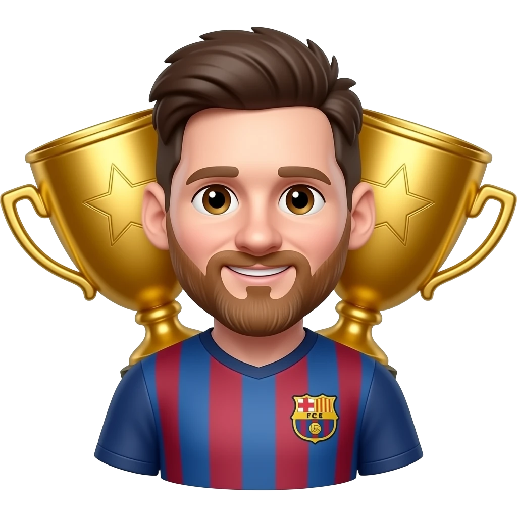 Create a 3D chibi Messi emoji, chest-up portrait only, clean cartoon style, two giant identical golden trophies partially visible behind the shoulders emoji