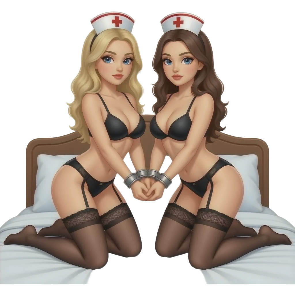 2 nurses, in black lingerie and garter belts, one doggy style, one missionary position, on bed, large breasts, handcuffed together with A tall Yoda taking pictures emoji