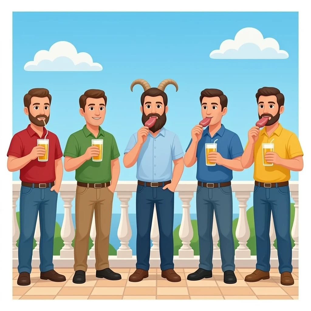 Create 6 people on terrace with hard drinks and mutton. All of them should be guys. One should have a goat beard. emoji