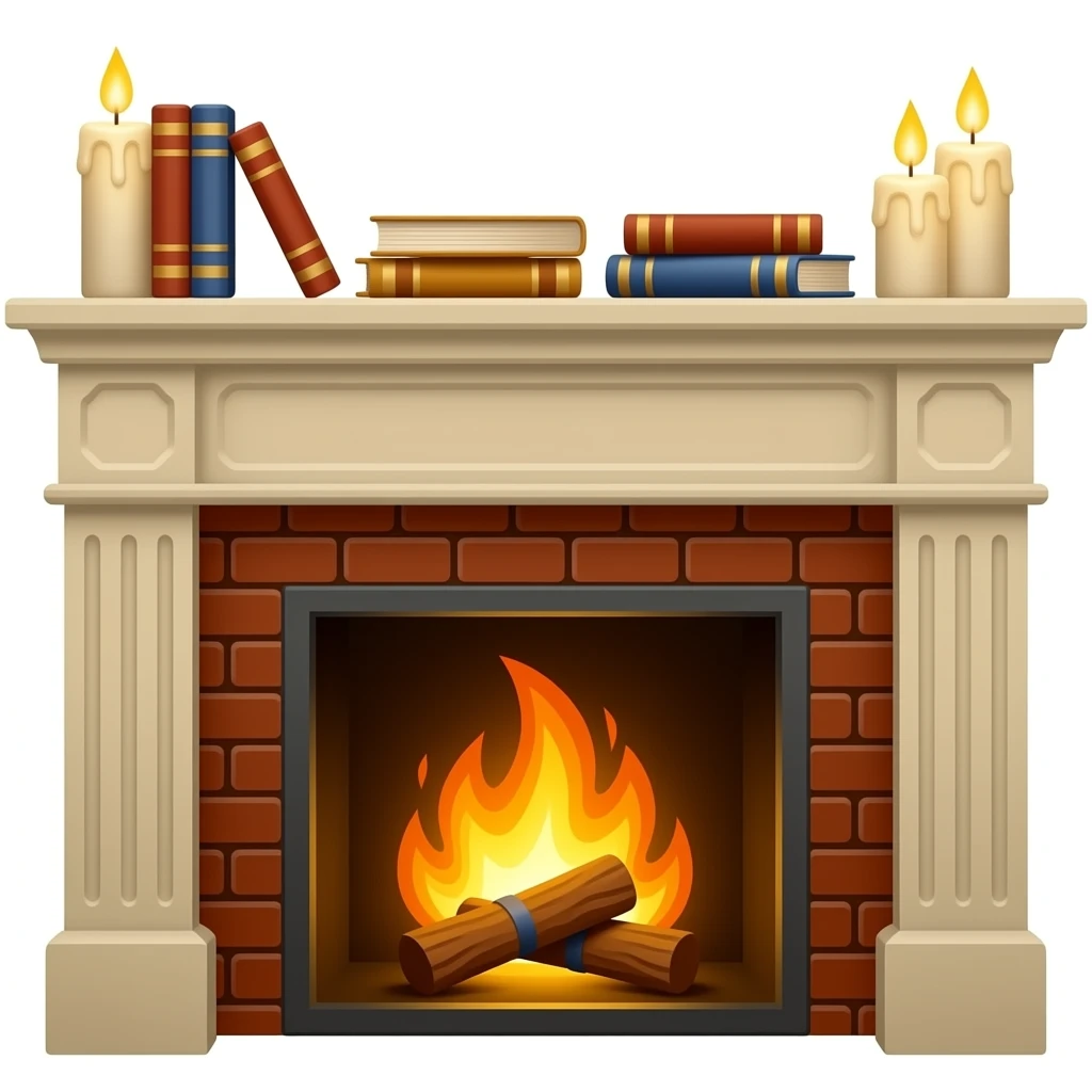 Fireplace with books and candles on the mantle emoji