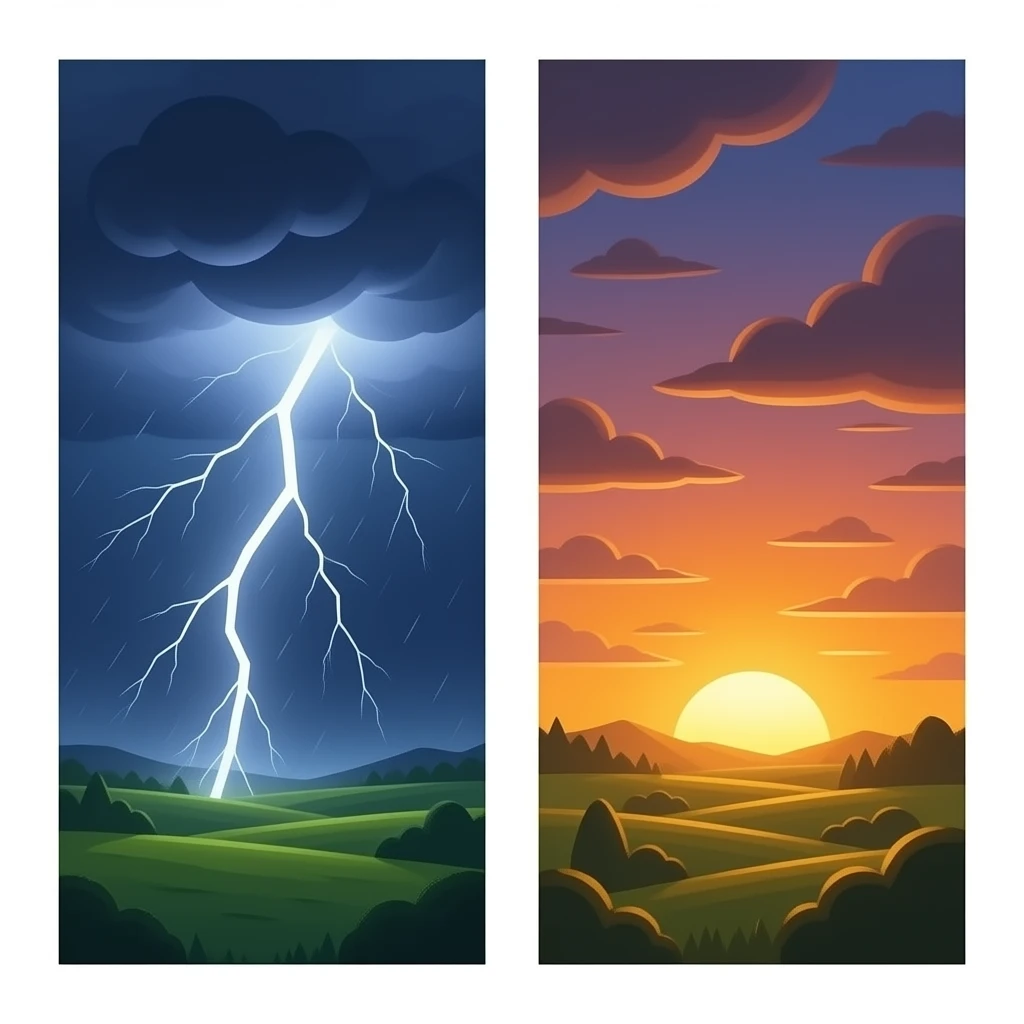 Thunderstorm on left sunset on the right same fram emoji