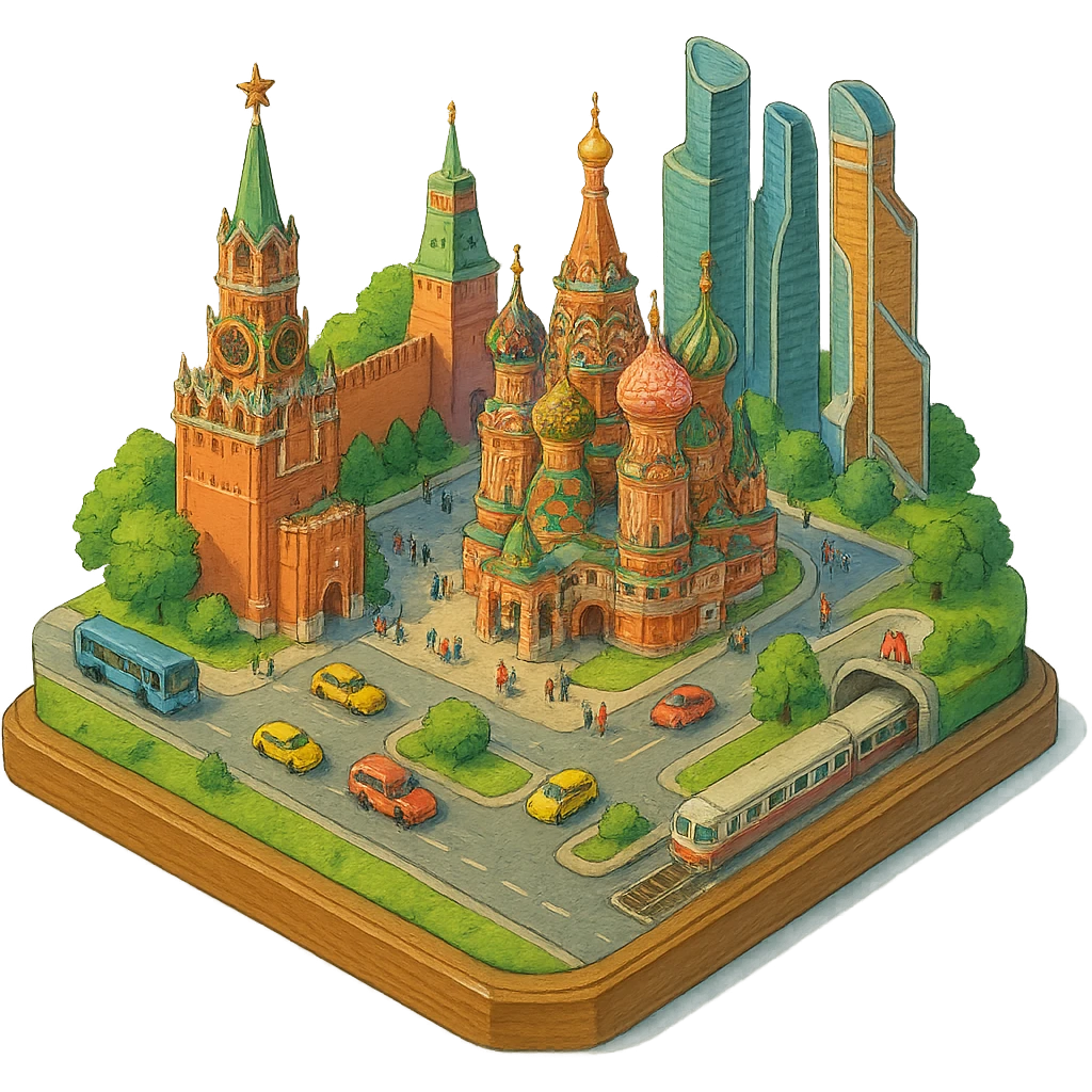 Изометричная миниатюрная 3D модель Москвы на подставке - фотореалистичный Кремль, собор Василия Блаженного, фотореалистичный Башни Москва-Сити, аккуратная детализация, яркие цвета, мультяшный реализм, гуляют люди и современный автотранспорт и метро, компактная композиция, вид сверху в изометрии, прозрачный фон emoji