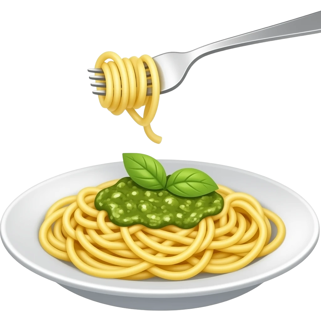 Pasta-pesto-dish, and a fork. emoji