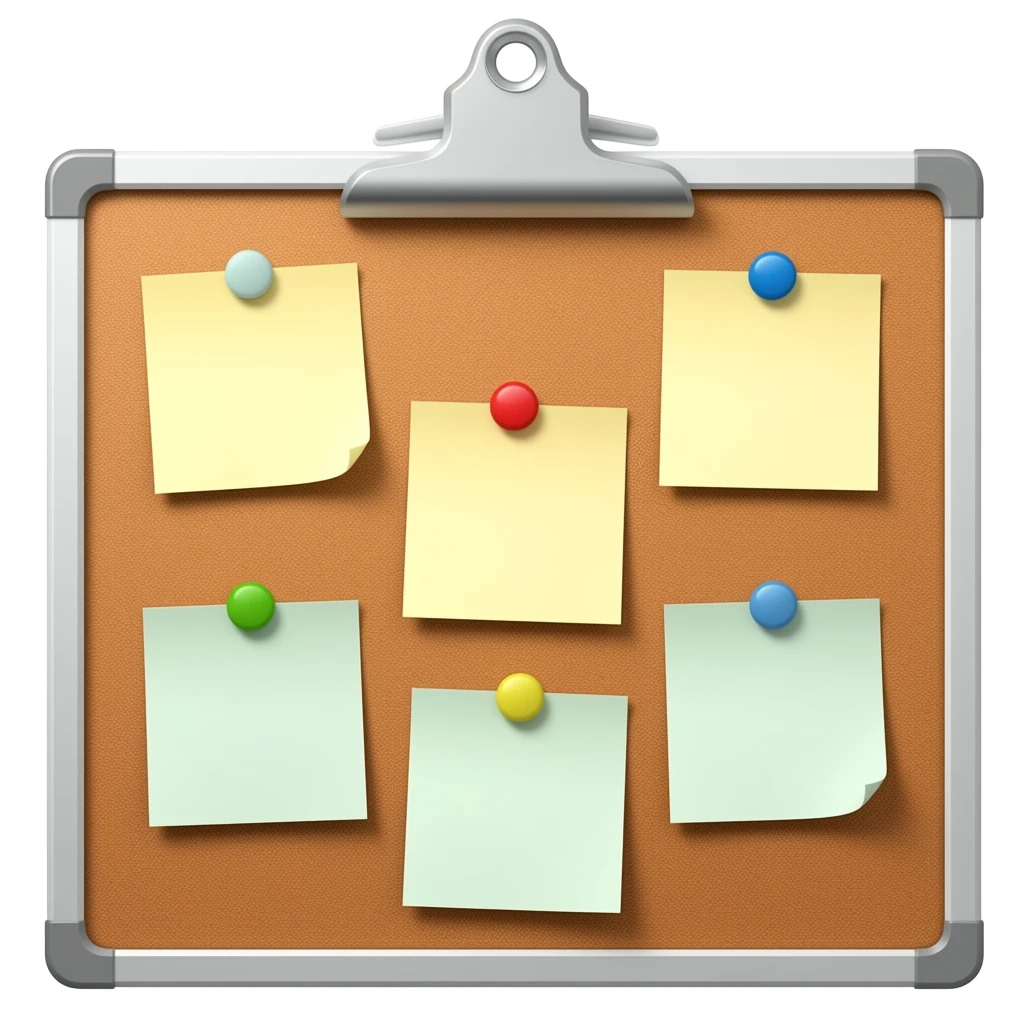 message board with posted notes. No clip at the top emoji