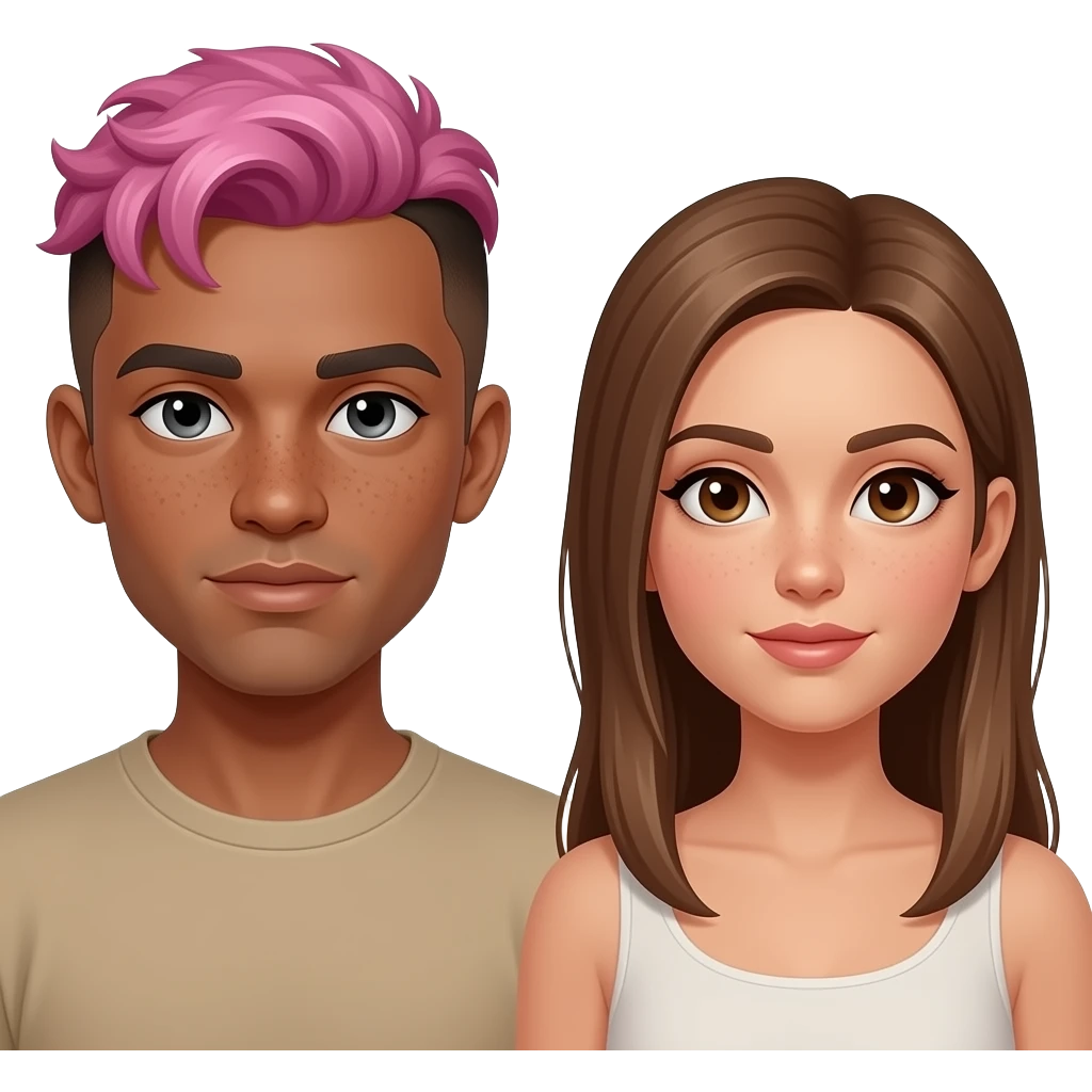 three people: short pale nonbinary person with short pink hair and a brown undercut + eyebrows with gray eyes and freckles, a tall beige-skinned man with dark brown eyes + very short curly hair, and a medium height woman with light tan skin, light brown straight long hair, and brown eyes emoji