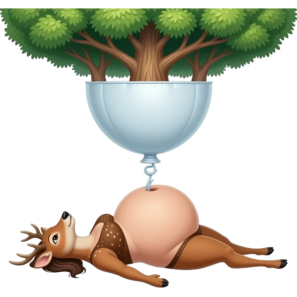 A female deer/doe is sprawling on her back unable to move,she pinned down by her own gigantic spherical ballooning Belly,her Bellybutton looks like it could reach the forest ceiling,she is that Fat,She ate way too much,She is one stuffed deer. emoji