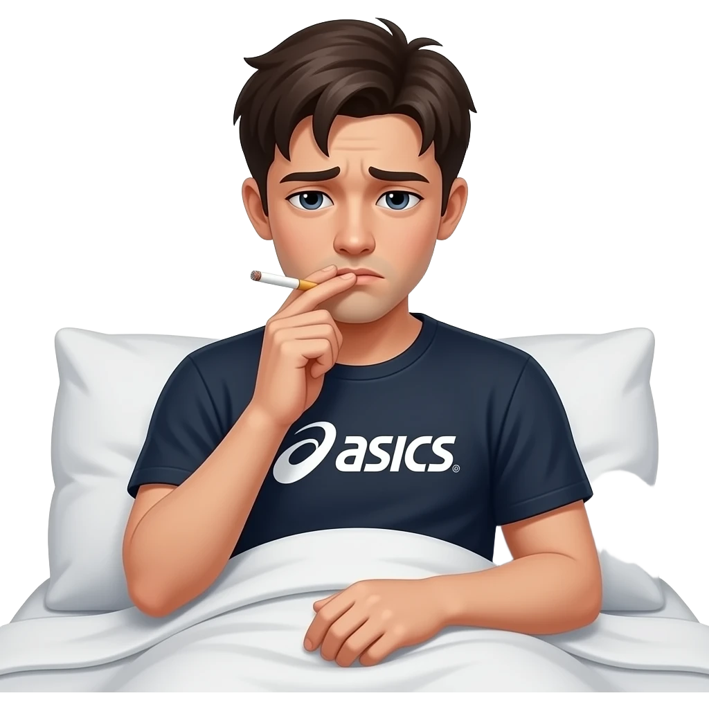 Джони деп сидит в темной майке asics на кровати и курит вейп emoji