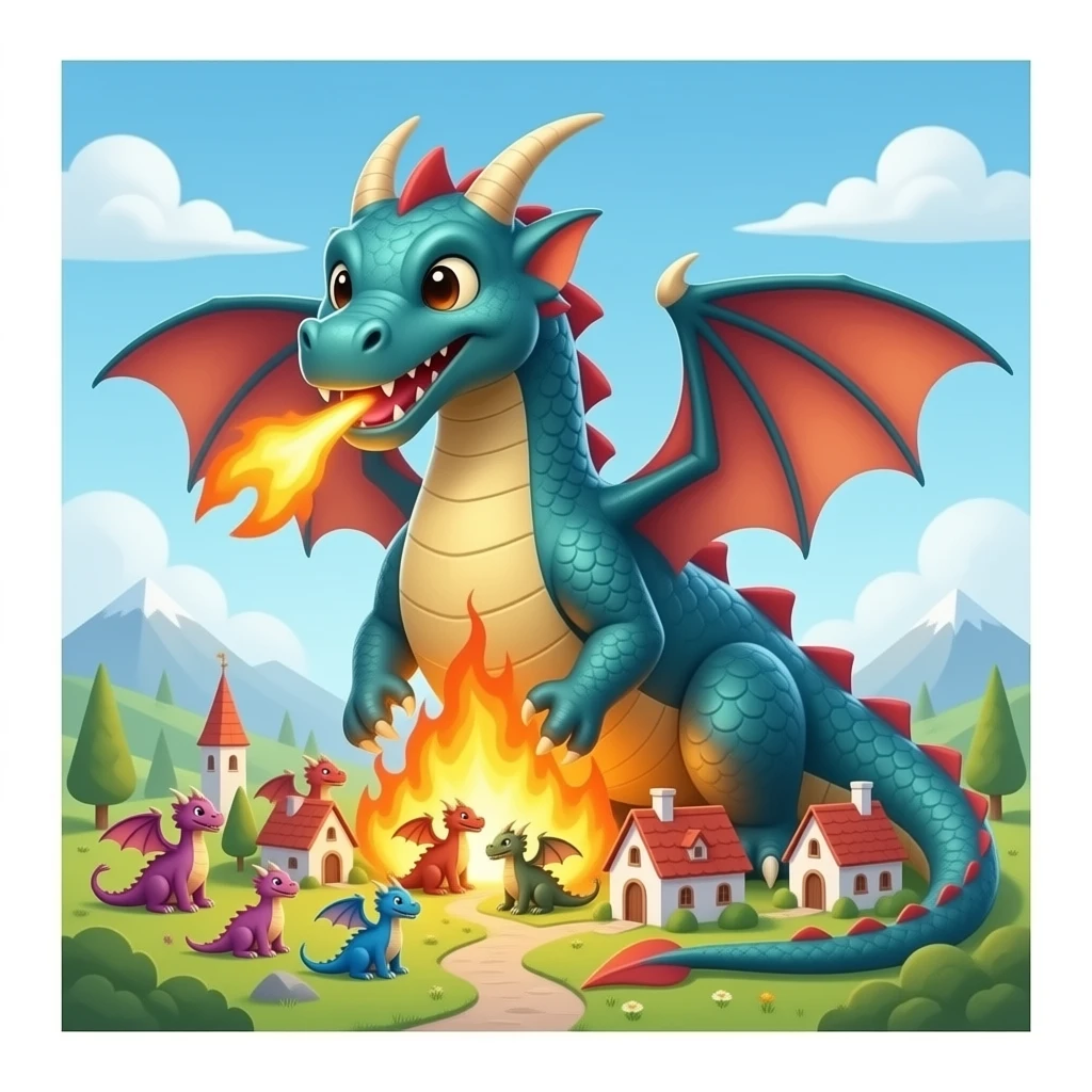 humongous dragon cute but burning a villige of dragons emoji