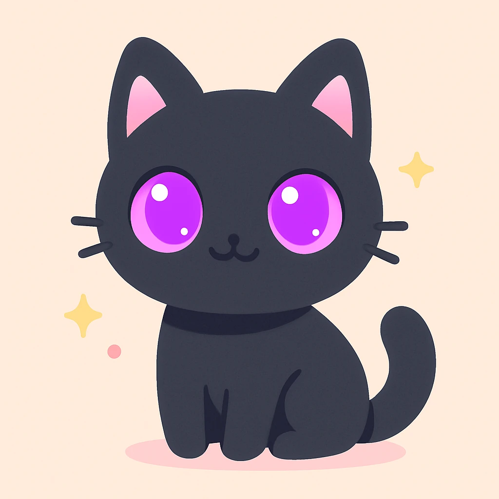 stylized black cat with glossy fur and vibrant purple eyes, sitting emoji