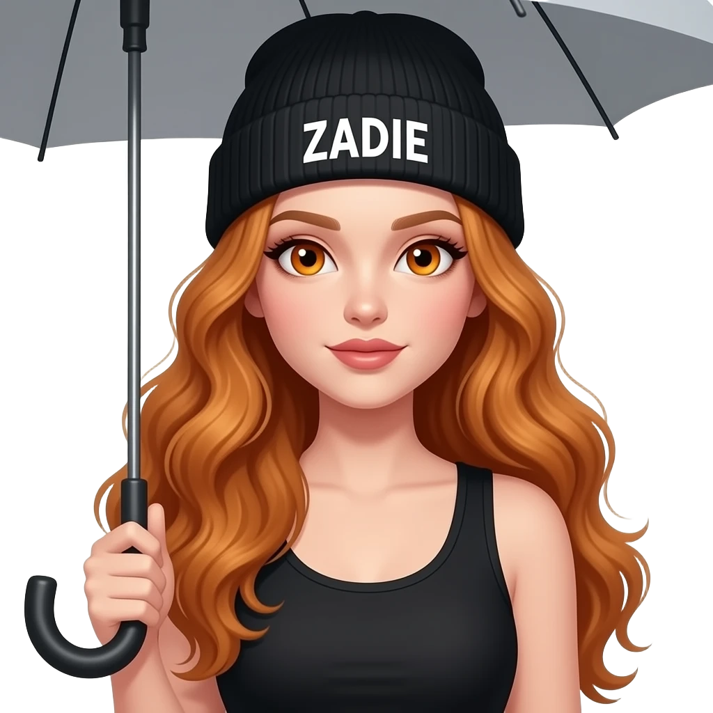 sexy girl with overlong wavy ginger hair and ginger eyes wearing a black tanktop and a black beanie with ZADIE written on it,  is holding a umbrella emoji