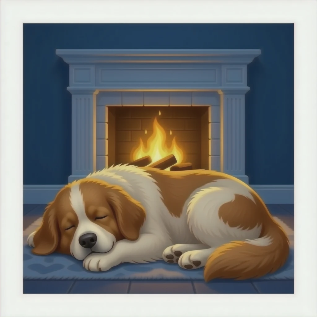 The Newfoundland sleeps beside the fireplace. emoji