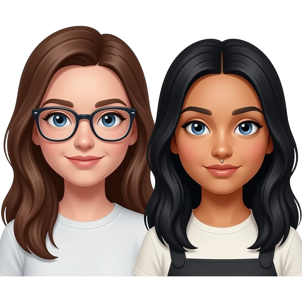 white girl with long brown hair with blue eyes with glasses and a side nose peircingwith her bestfriend thats light mexican with long blackhair with blue eyes and she has nose peircing emoji