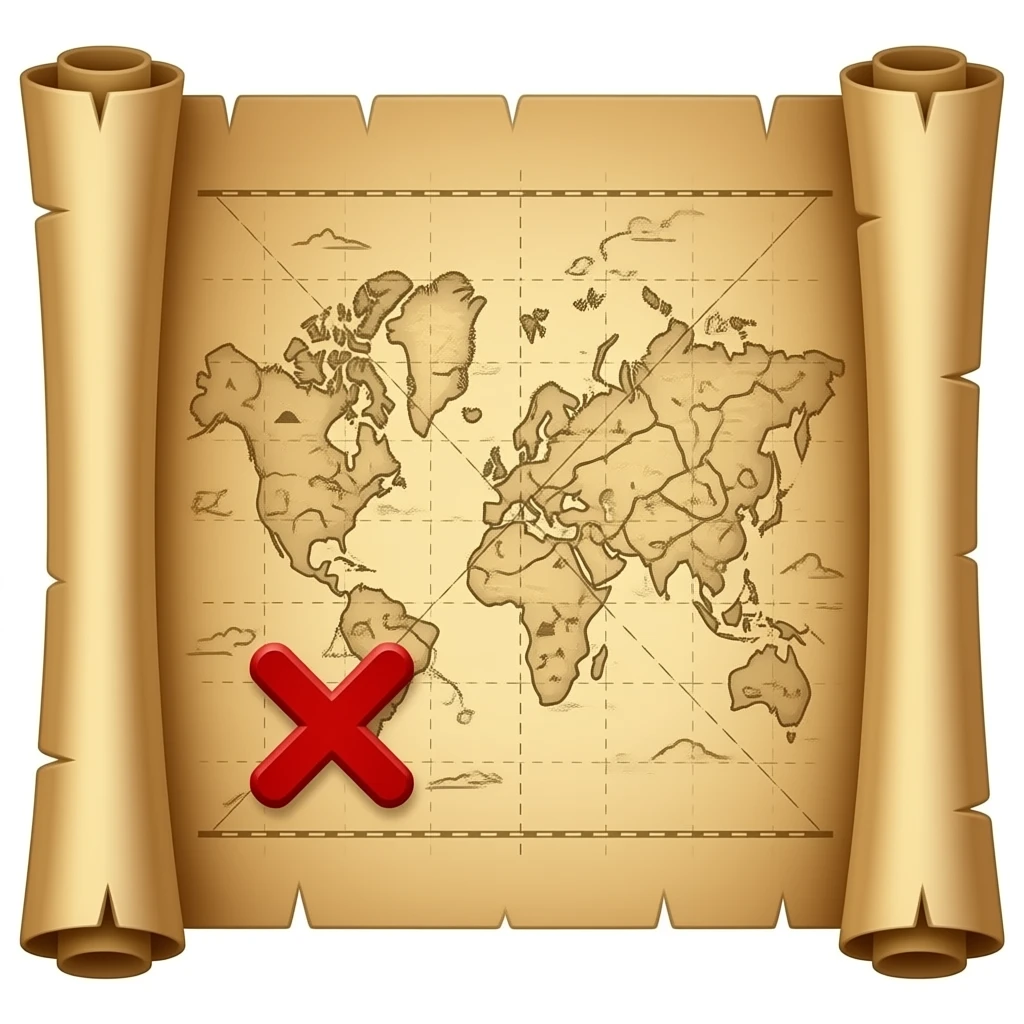 A treasure map, highly detailed, a small red Maltese cross X marks the location of the treasure, old parchment, slightly scrolled ends emoji