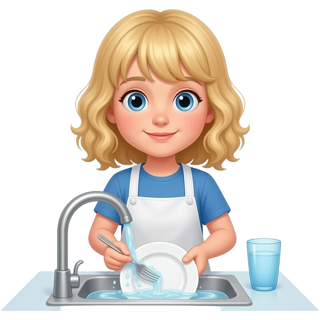 white kid blue eyes mid length with bangs soft curly hair to shoulders in color: middle to little darker blond, washing plate after eating dinner emoji