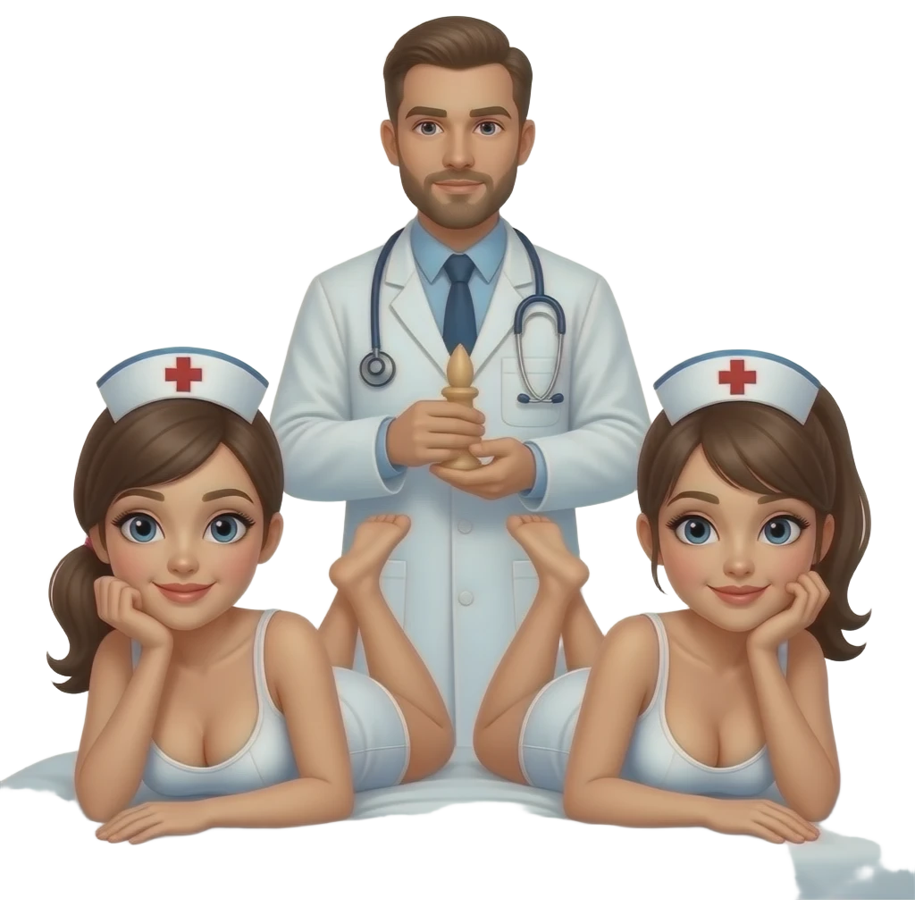 2 big breasted completely naked nurses, one with a ponytail, laying doggy style on a bed, a male doctor standing behind them with a dildo emoji