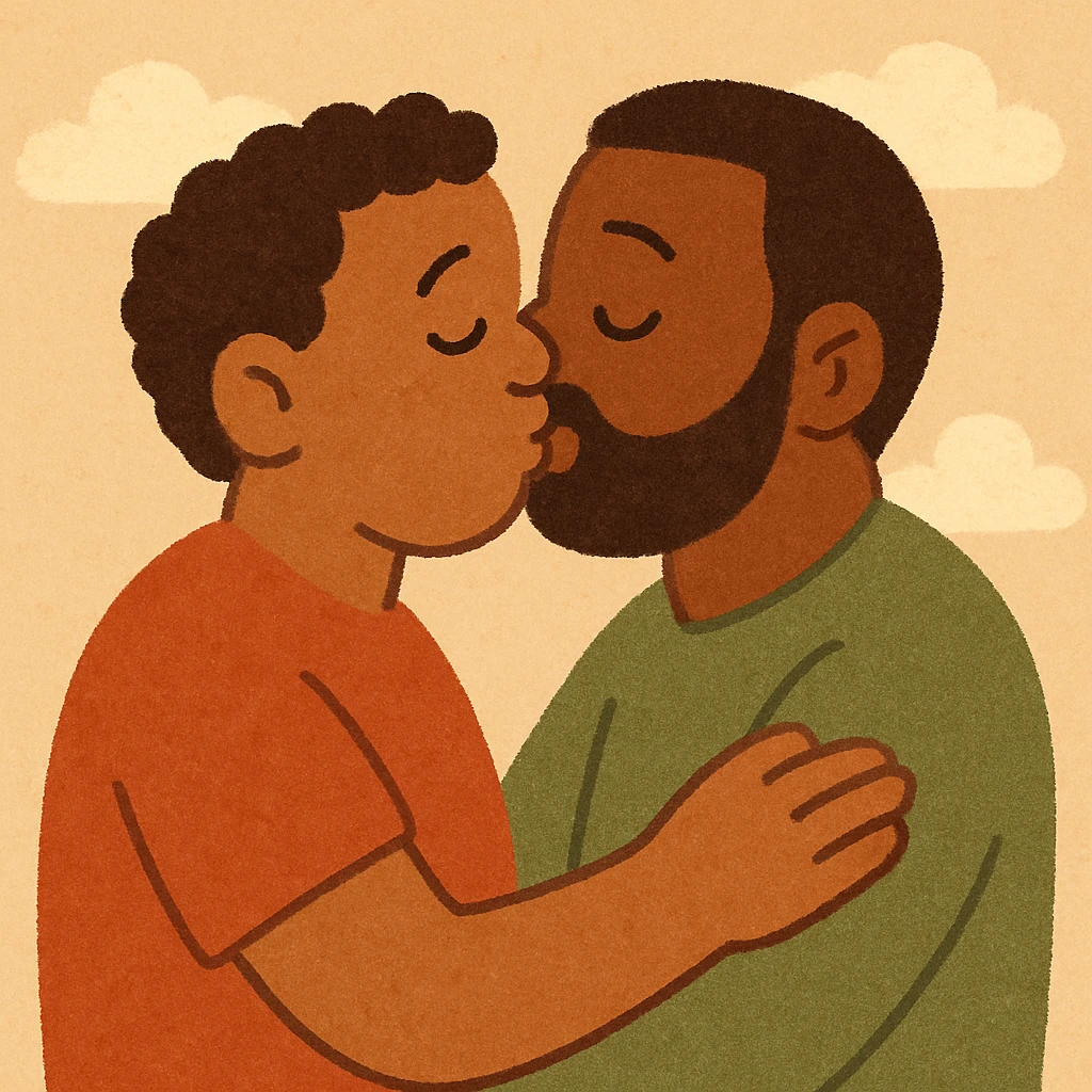 two Black men kissing, cartoon style, soft outlines, gentle lighting emoji