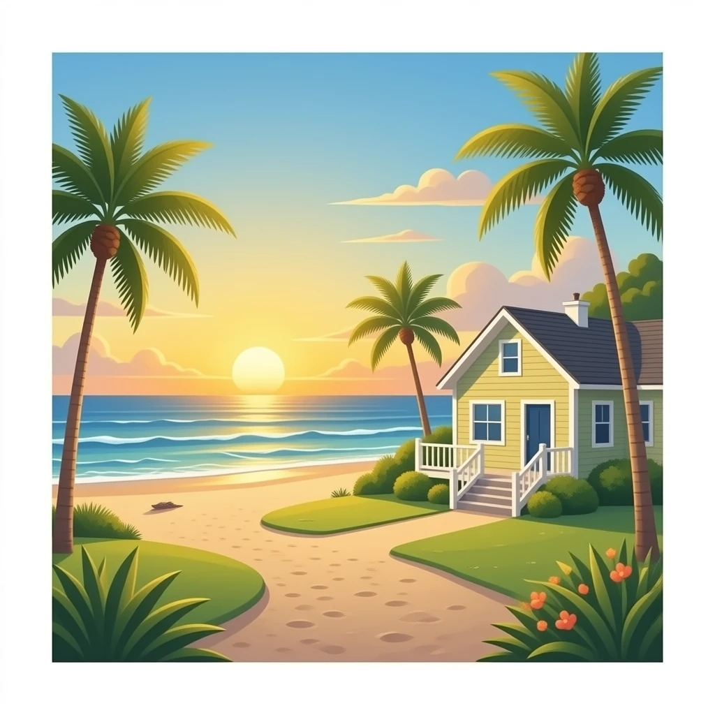 beach house near ocean, golden hour emoji