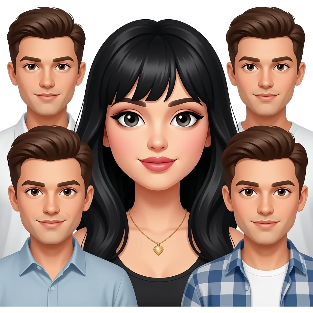 A very beautiful girl with black hair and wears make up and all the handsome boys surrounding her emoji