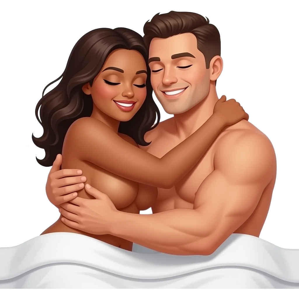 a naked tanned voluptuous woman and a naked muscular man hugging in bed tightly without clothes on and with their eyes closed and smiling emoji