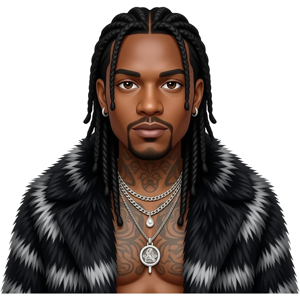 Layzie Bone from Bone Thugs-N-Harmony with brown eyes, long black hair, black fur shawl, black metallic baggy pants, shirtless with necklace and earrings emoji