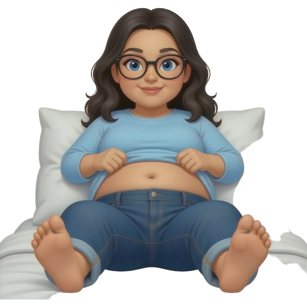 Obese Hispanic woman with black hair and blue eyes rounded black glasses plain light blue long sleeve shirt and dark blue baggy jeans and belly button laying down on her pillow on her bed showing her feet lifting her shirt all the way up emoji