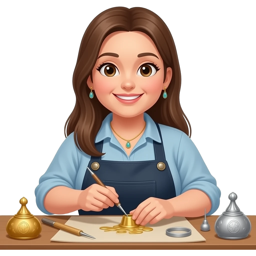 A woman in her 20s with long, straight brown hair; she is slightly overweight, has a cheerful disposition, and is a jewelry maker who works with gold and silver emoji
