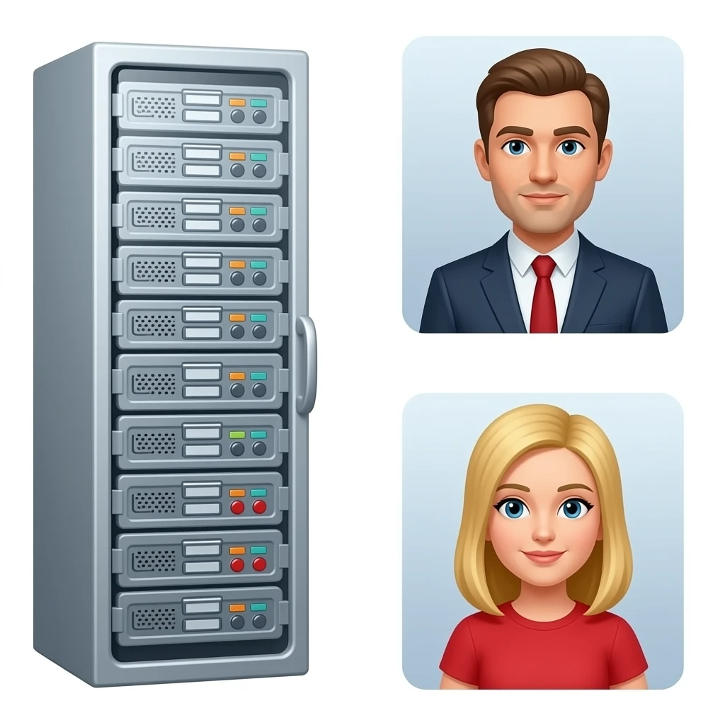 In the background is a silver server cabinet with purple backlighting, in the foreground is a glass table and an imac computer, two men are standing, gray hair, black glasses, black hair, gray glasses, dressed in white pants and a polo shirt, a blonde girl is sitting at the table, emoji