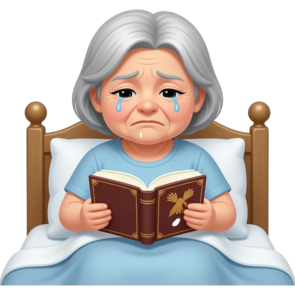 A plump, sad fat old lady is flipping through a prayer book in the bed emoji