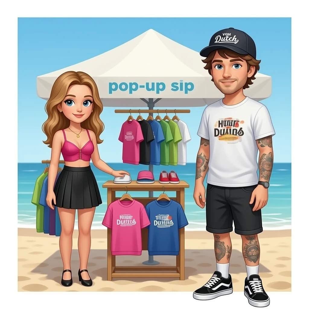 Jeune homme aux cheveux mi long et avec seulement le bras droit couvert de tatouages (juste le bras droit) et avec des vans et avec casquette von dutch et petite femme en jupe courte noire et bustier rose fushia qui vendent des vêtements de la marque "Hoods" dans un pop up sur la plage emoji