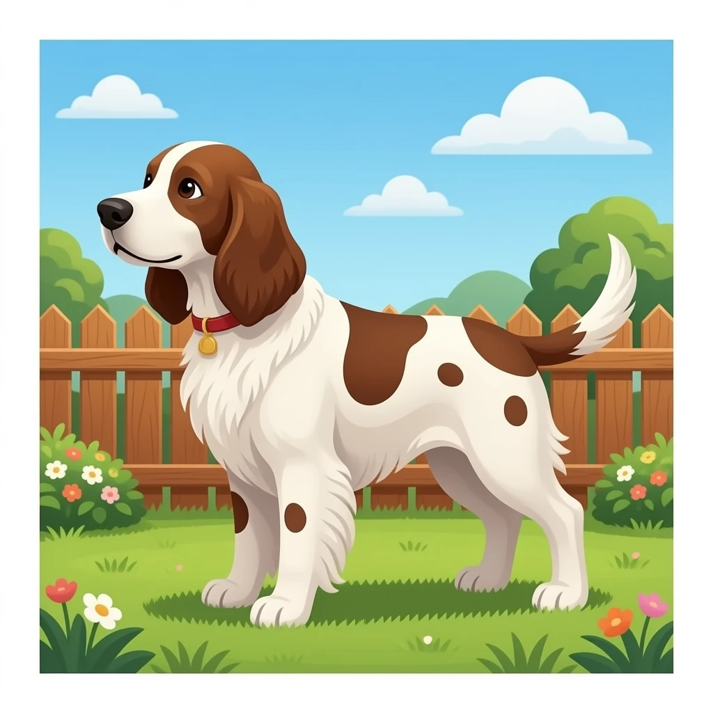 The English Setter stays safely within the fenced yard. emoji