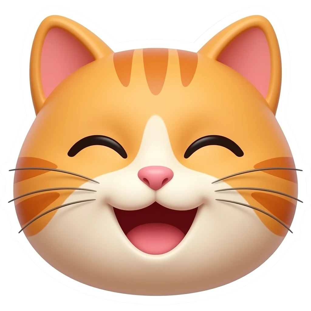 Happy cat emoji, closed smiling eyes, wide cheerful mouth, soft orange fur, tiny whiskers, rounded 3D cartoon emoji, premium sticker style emoji