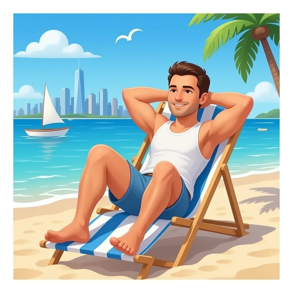 Mach im Hintergrund ein Strand und er sonnt sich auf einem Stadtrecht emoji