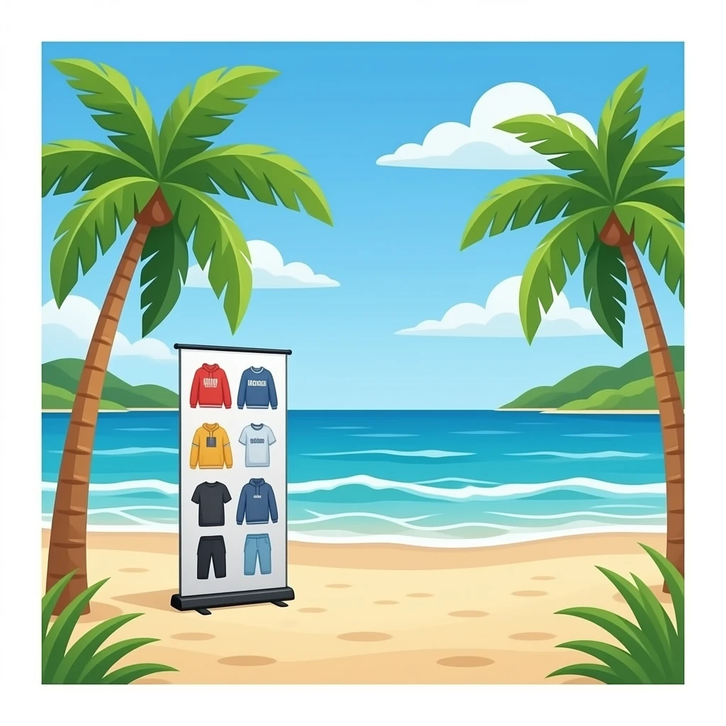 Stand Pop up avec vêtements de la marque « Hoods" sur la plage emoji