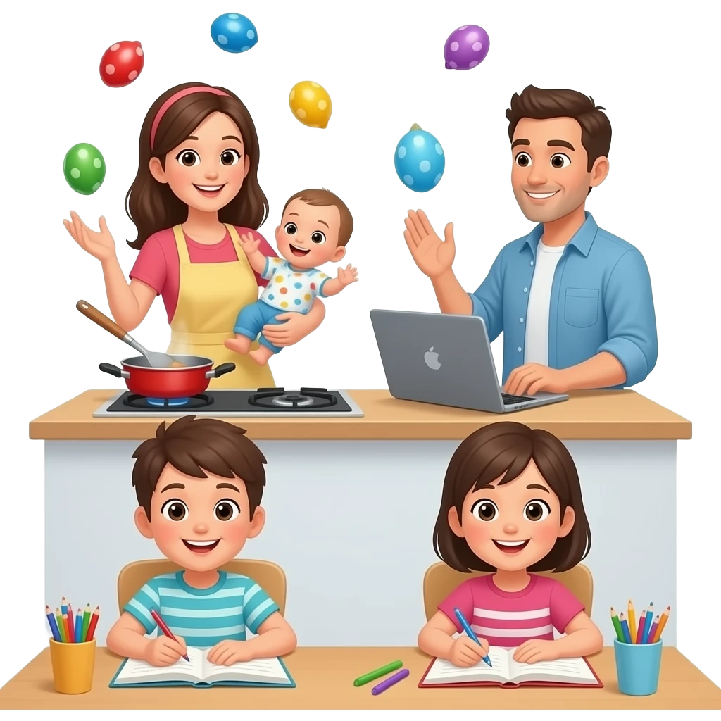 family juggling responsibilities emoji