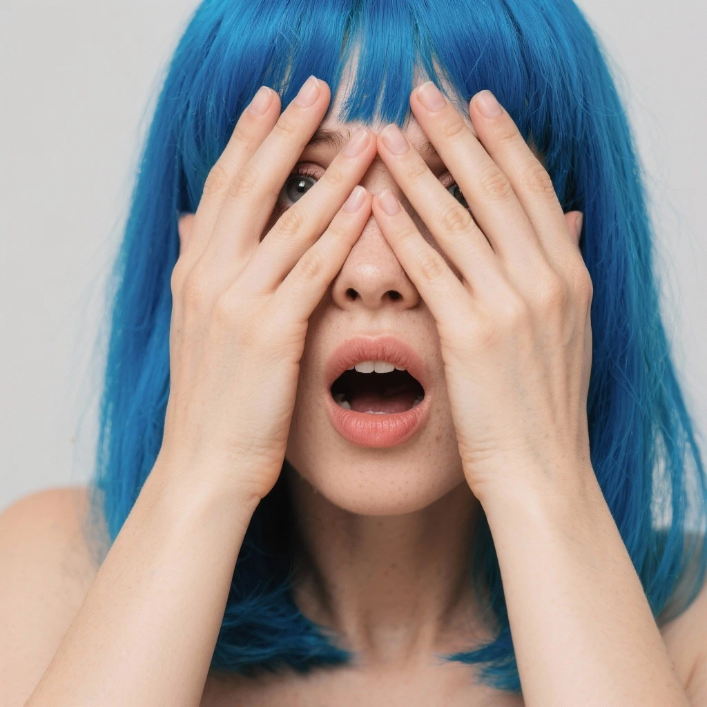 Woman with blue hair with hands over her eyes in disbelief  emoji