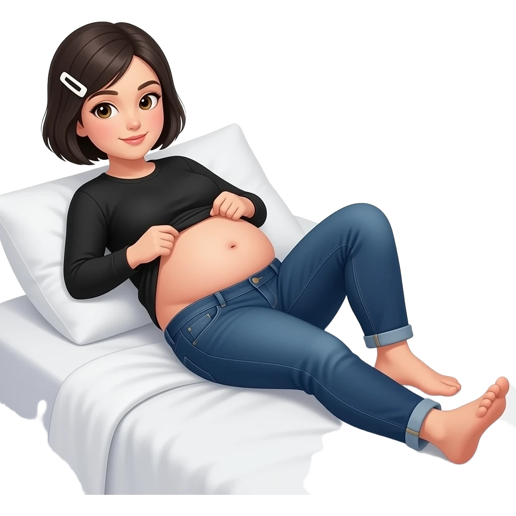 White woman with black short hair, white hair clip, black long sleeve shirt, dark blue jeans, and a chubby body laying on bed showing her feet lifting her shirt to show her chubby belly emoji