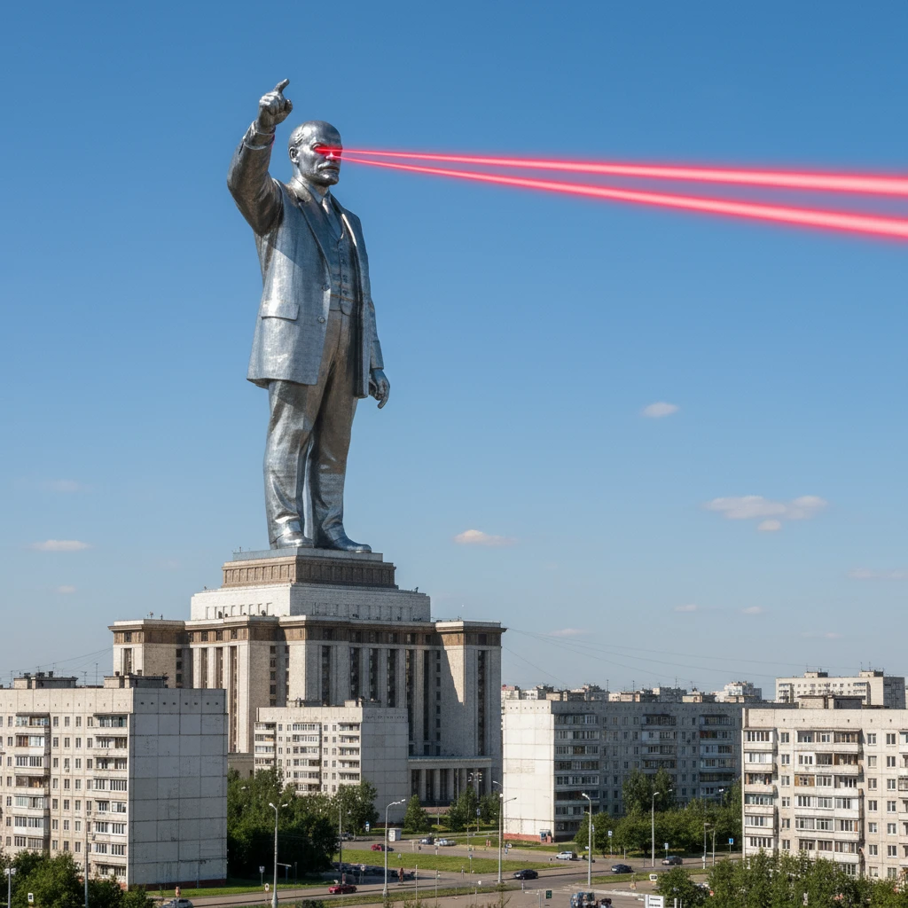 Дворец Советов, основной упор на 100-метровую фигуру Ленина, у которой из глаз вылетают 2 луча прожектора красного цвета.

На фоне можно поставить обычные пятиэтажки-панельки, которые в 20 раз меньше Дворца Советов

Стиль фото реализм, обычный солнечный день  emoji