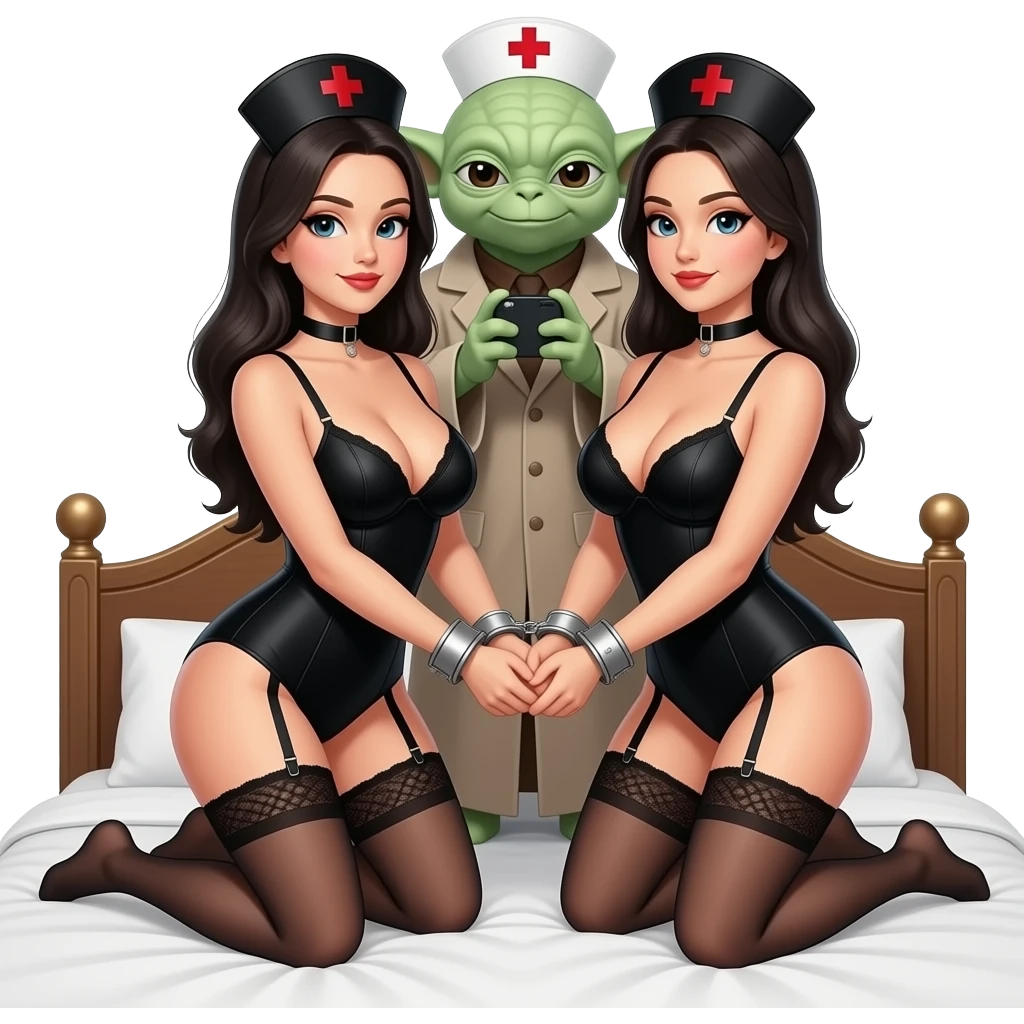 2 nurses, in black lingerie and garter belts, one doggy style, one missionary position, on bed, large breasts, handcuffed together with A tall Yoda taking pictures emoji
