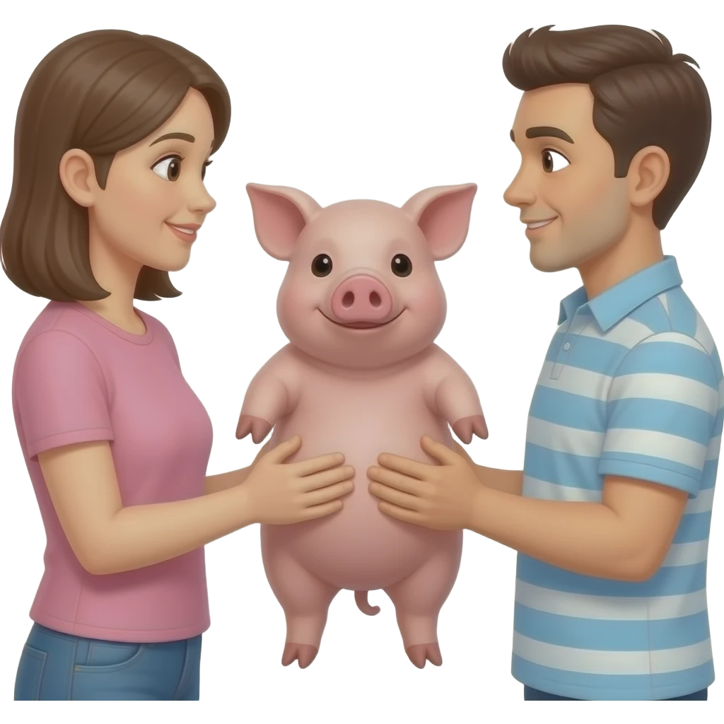 Two people opposite each other with their hands on pig in between them emoji