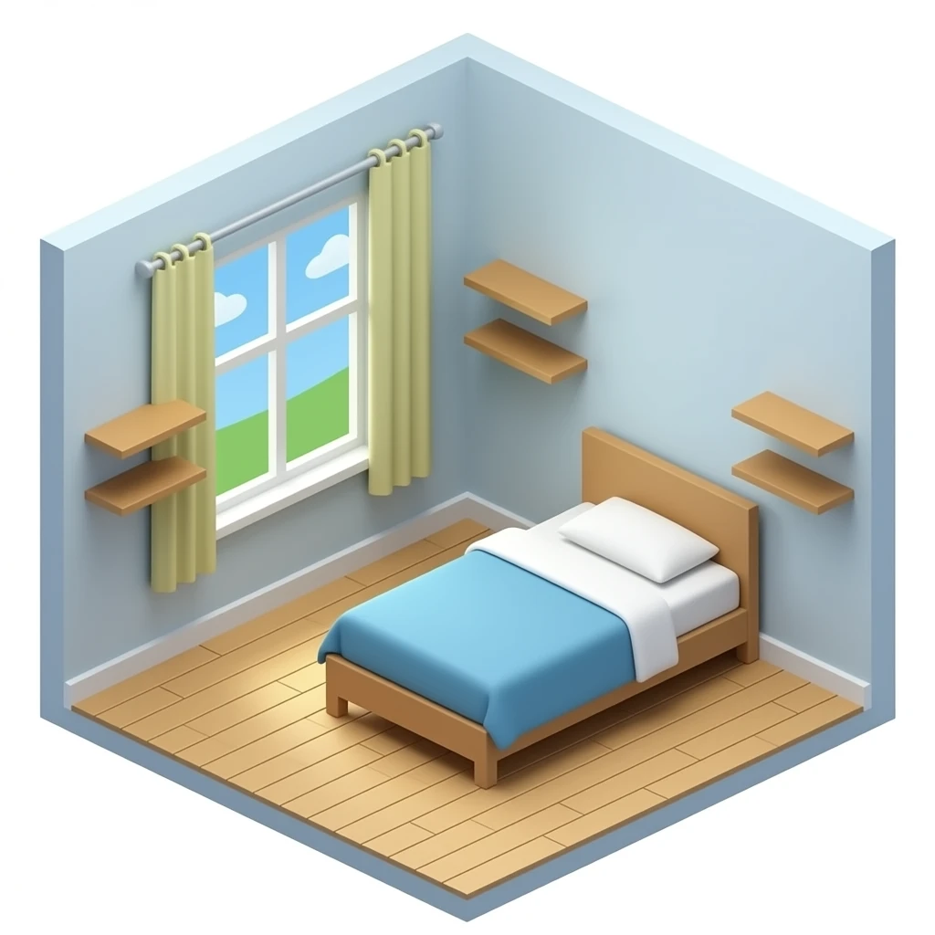 3D room plain with nothing except walls and floor, bed, empty shelf 2 walls have and 2 no walls emoji