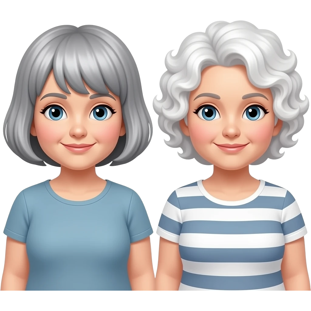 Emoji of 2 middle aged white chubby women 1 with very short and floppy grey hair with fringe and 1 white with short permed curly white hair emoji