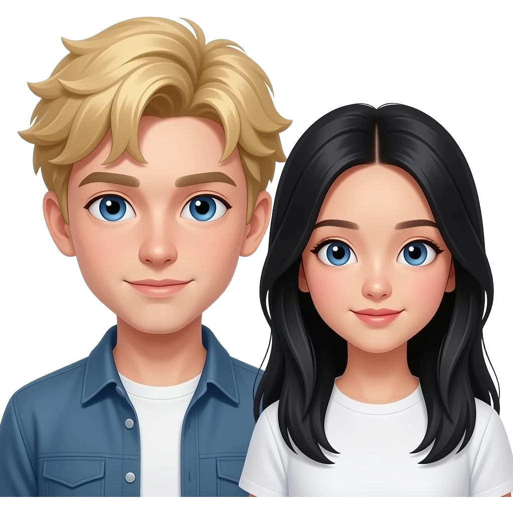 A teen boy with blonde hair and blue eyes, cool, cute, kind, handsome and beside her is a teen with long black hair and Chinese super beautiful emoji